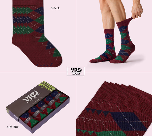 VRDSOCKS® Men's Bamboo Dress Socks • Argyle Pack of 1/3/5 Pairs • Burgundy bamboo socks for men calf socks for men crew socks for men men's bamboo dress socks men's calf socks men's dress socks men's mid-calf socks men's socks mens bamboo socks socks for men vrd socks