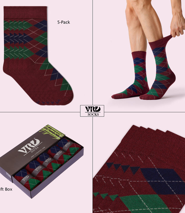 VRDSOCKS® Men's Bamboo Dress Socks • Argyle Pack of 1/3/5 Pairs • Burgundy bamboo socks for men calf socks for men crew socks for men men's bamboo dress socks men's calf socks men's dress socks men's mid-calf socks men's socks mens bamboo socks socks for men vrd socks