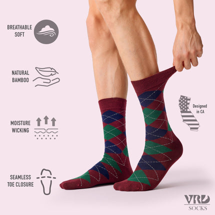 VRDSOCKS® Men's Bamboo Dress Socks • Argyle Pack of 1/3/5 Pairs • Burgundy bamboo socks for men calf socks for men crew socks for men men's bamboo dress socks men's calf socks men's dress socks men's mid-calf socks men's socks mens bamboo socks socks for men vrd socks